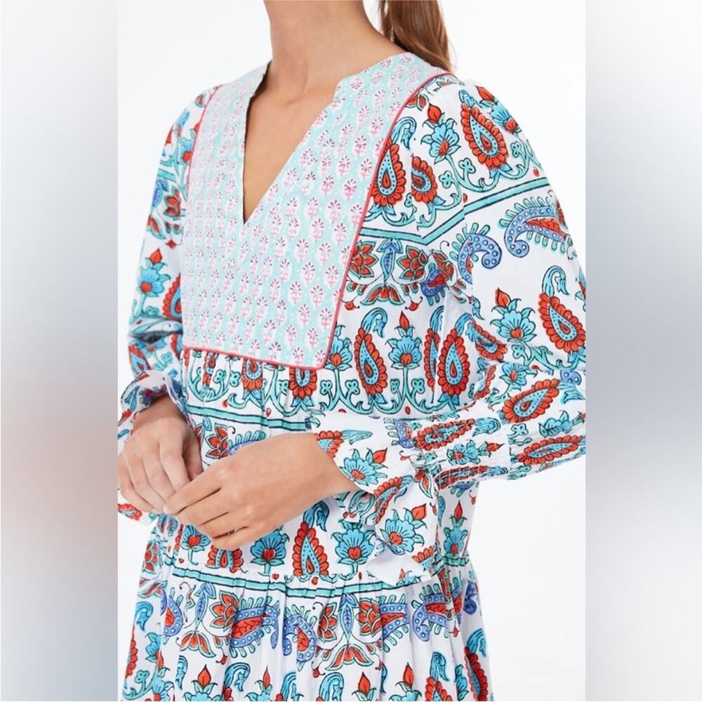 Tuckernuck Teal and Seagrass Floral Block Print Kenzie Tiered Mini Dress XS - Picture 3 of 12